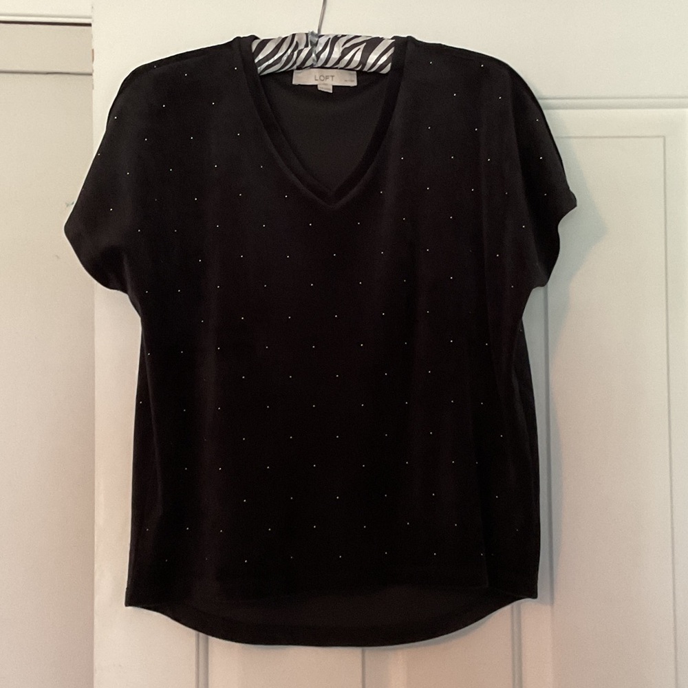 LOFT Black Short Sleeve Velvet Top with Subtle Dots